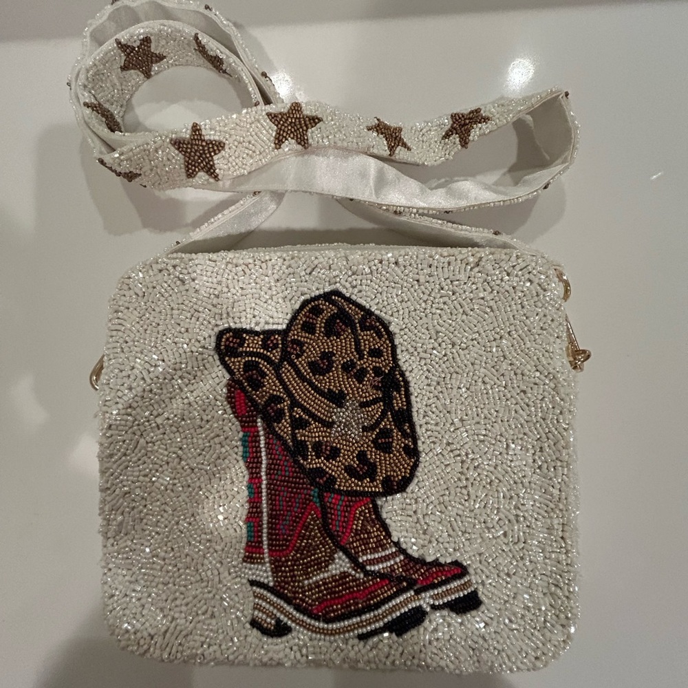 Tiana Designs White with Cowboy Boots & Hat Beaded Bag with Strap